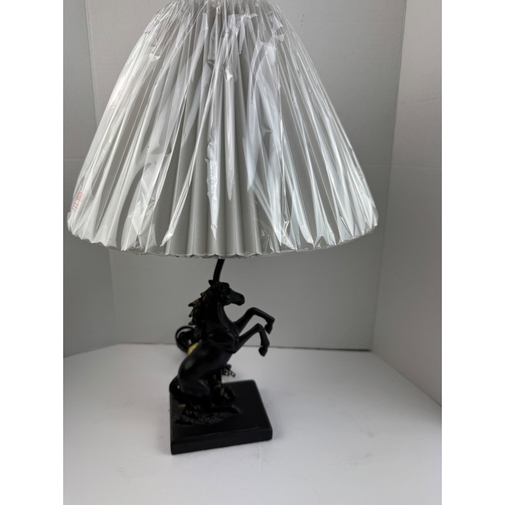Black Rearing Horse Table Lamp Equestrian Stallion Sculpture White Pleated Shade - Picture 3 of 11